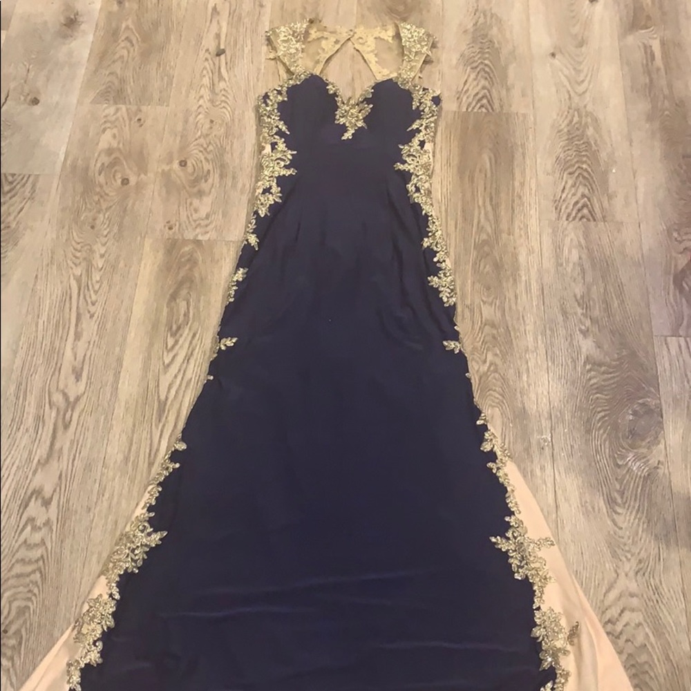 Long elegant, dark blue dress with gold